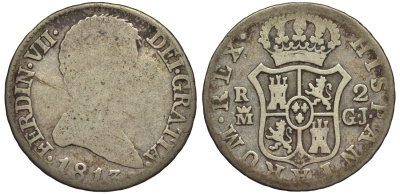 ИСПАНИЯ 2 РЕАЛА 1813 M GJ KM 474.3 серебро 1522-115