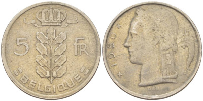 БЕЛЬГИЯ 5 ФРАНКОВ 1950 BELGIQUE, БОДУЭН I (1951-1993) KM 134.1 медно-никель 4546-316