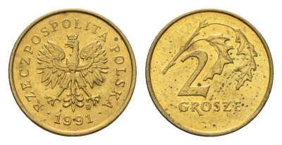 Польша 2 гроша 1991 Y 277 марганец латунь UNC 4674-945
