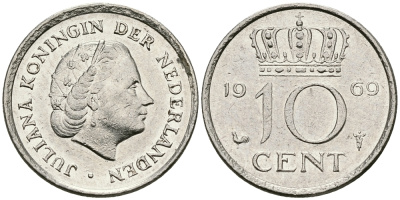 Нидерланды 10 центов 1969 Юлиана (1948-1980) KM 182 никель 96-354