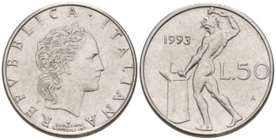 ИТАЛИЯ 50 ЛИР 1993 R, БОГ ОГНЯ ВУЛКАН У НАКОВАЛЬНИ, ДИАМЕТР 17 ММ. KM 95.2 нержавеющая сталь 4551-426