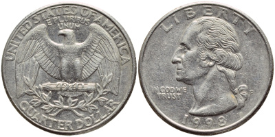 США 25 центов = квотер 1998 P, Вашингтон KM А164а медь плакированная медно-никелем 4397-124