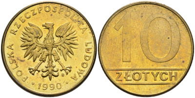 Польша 10 злотых 1990 MW, Народная Республика KM 152.2, Parchimowicz 244b латунь aUNC 4563-733