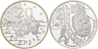 Нидерланды 20 евродолларов 2001 Альфред Хичкок (1899-1980), диаметр 39 мм., в коробке, с сертификатом серебро PROOF 3-4-3-45