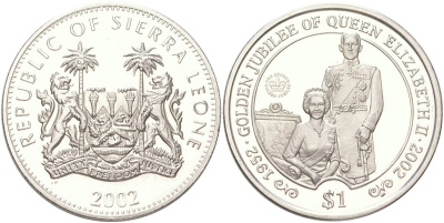 Сьерра-Леоне 1 доллар 2002 50 лет правлению Королевы Елизаветы II - Елизавета II и принц Филипп KM 285 медно-никель BU 4368-1124