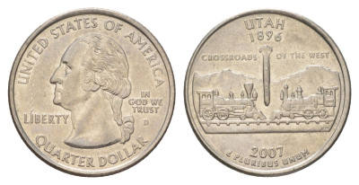 США 25 центов (квотер, 1/4 доллара) 2007 Квотер штата Юта KM 400 медь плакированный медно-никелем UNC 4629-146