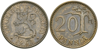 Финляндия 20 пенни 1963 KM 47 алюминиевая бронза 4579-223
