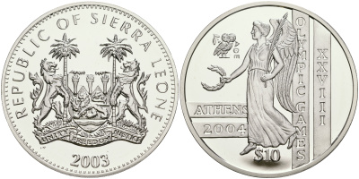 Сьерра-Леоне 10 долларов 2003 PM, XXVIII летние Олимпийские Игры в Афинах 2004 года, лавровый венок KM 289 серебро PROOF 1068-1-42