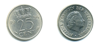 НИДЕРЛАНДЫ 25 ЦЕНТОВ 1954 ЮЛИАНА KM 183 никель 76-362