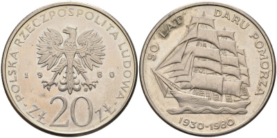 Польша 20 злотых 1980 MW, 50 лет фрегату «Дары Поморца» KM 112, Parchimowicz 253 медно-никель 176-1126