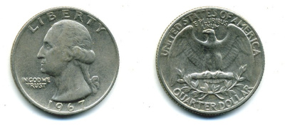 США 25 центов (квотер) 1967 Вашингтон KM 164a медь плакированная медно-никелем 46-1926