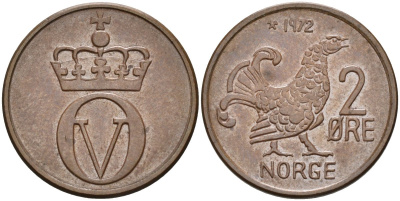 Норвегия 2 эре 1972 глухарь, Улаф V (1958-1991) KM 410 бронза UNC 4582-536