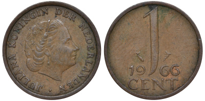 НИДЕРЛАНДЫ 1 ЦЕНТ 1966 ЮЛИАНА KM 180 бронза 45-425
