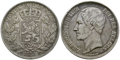 Бельгия 5 франков 1850 Леопольд I (1831-1865) KM 17 серебро 00-1067-9-34