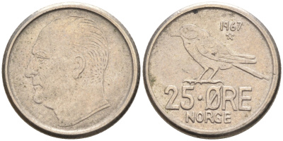 Норвегия 25 эре 1967 Улаф V (1958-1991), синица KM 407 медно-никель 4588-329