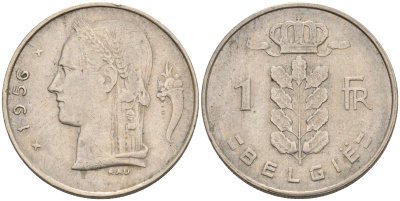 БЕЛЬГИЯ 1 ФРАНК 1956 BELGIE KM 143.1 медно-никель 4563-1216