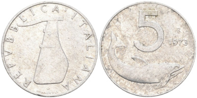 Италия 5 лир 1973 R, плуг, дельфин KM 92 алюминий 4549-421