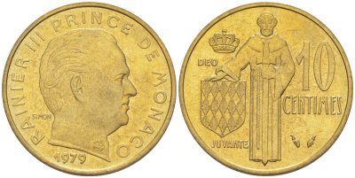 Монако 10 сантимов 1979 Ренье III (1949-2005) KM 142 алюминиевая бронза 188-1052