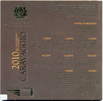 Сан-Марино евронабор из 9 монет 2010 400 лет художнику Караваджо, в оригинальном буклете KM NEW биметалл BUNC 7-1-1-16