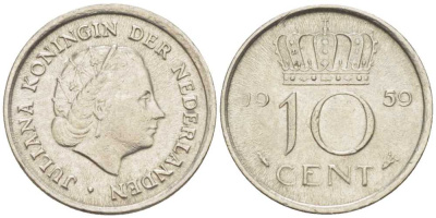 НИДЕРЛАНДЫ 10 ЦЕНТОВ 1959 ЮЛИАНА (1948-1980) KM 182 никель 214-1155