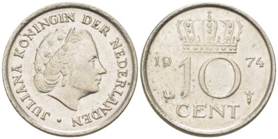 НИДЕРЛАНДЫ 10 ЦЕНТОВ 1974 ЮЛИАНА (1948-1980) KM 182 никель 116-615