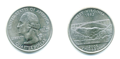 США 25 центов = квотер 2005 D, серия штаты США, Западная Вирджиния KM 374 медь плакированная медно-никелем 61-1136