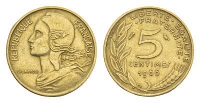 Франция 5 сантимов 1966 KM 933 алюминиевая бронза 4174-328