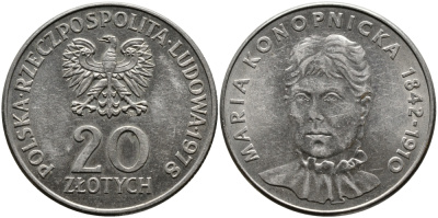 Польша 20 злотых 1978 MW, Портрет Марии Конопницкой (1842-1910) KM 95 медно-никель 441-842