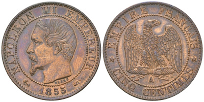 Франция 5 сантимов 1855 A, Наполеон III (1852-1870) KM 777.1 бронза aUNC 4044-342