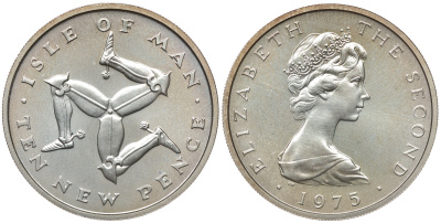 Остров Мэн 10 пенсов 1975 герб, Елизавета II (1952-2022) KM 23a серебро UNC 272-1714