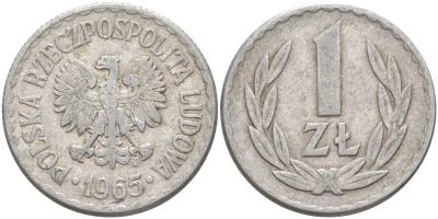 ПОЛЬША 1 ЗЛОТЫЙ 1965 MW KM 49.1 алюминий 106-525