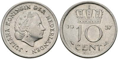 Нидерланды 10 центов 1957 Юлиана (1948-1980) KM 182 никель 96-356