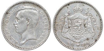 Бельгия 20 франков 1934 Альберт I (1909-1934), Der Belgen KM 104.1 серебро 4178-1034