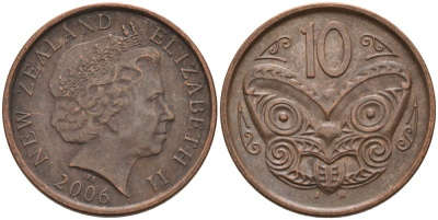 Новая Зеландия 10 центов 2006 маска Маори, Елизавета II (1952-) KM 117а сталь плакированная медью 186-415