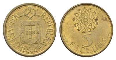 Португалия 5 эскудо 1991 KM 632 никель латунь 4674-764