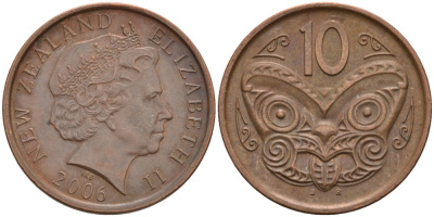 Новая Зеландия 10 центов 2006 маска Маори, Елизавета II (1952-) KM 117а сталь плакированная медью 181-141