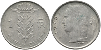 БЕЛЬГИЯ 1 ФРАНК 1975 BELGIQUE KM 142.1 медно-никель 65-1131