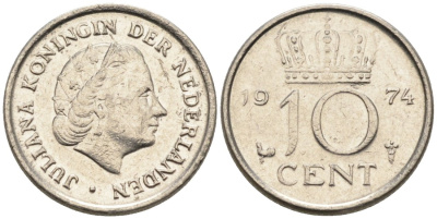 Нидерланды 10 центов 1974 Юлиана (1949-1980) КМ 182 никель 4567-556