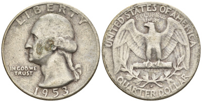 США 25 центов = квотер 1953 D, Вашингтон KM 164 серебро 85-1143