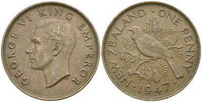 Новая Зеландия 1 пенни 1947 Птица Туи, Король Георг VI (1937 - 1952) KM 13 бронза 81-841