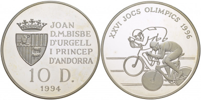 Андорра 10 динеров 1994 XXVI Олимпийские игры 1996 года велоспорт KM 95 серебро PROOF 11-174-35