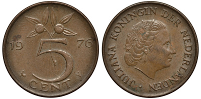 Нидерланды 5 центов 1976 Юлиана (1949-1980) KM 181 бронза 4182-211