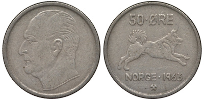 Норвегия 50 эре 1963 Улаф V (1957-1991), собака KM 408 медно-никель 4128-1131