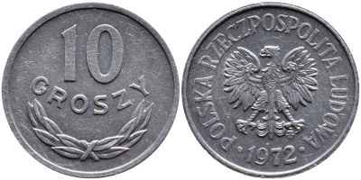 ПОЛЬША 10 ГРОШЕЙ 1972 MW KM AA47 алюминий 26-746