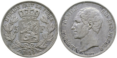 Бельгия 5 франков 1850 Леопольд I (1831-1865) KM 17 серебро 00-1067-3-42