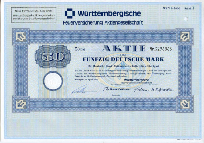 ФРГ 50 марок 1988 Акционерное общество по страхованию от пожаров Вюртемберга, акция   бумага   8803-102-1