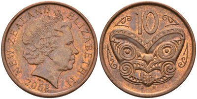 Новая Зеландия 10 центов 2006 Елизавета II (1952-2022), маска маори KM 117а сталь плакированная медью 117-214