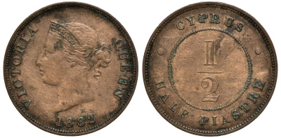 Кипр 1/2 пиастра 1882 Н, Виктория (1837-1901), редкая KM 2 бронза 00-801-70