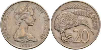 Новая Зеландия 20 центов 1971 Елизавета II (1952-2022), птичка киви KM 36.1 медно-никель 189-211