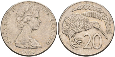 Новая Зеландия 20 центов 1980 Елизавета II (1952-2022), птичка киви KM 36.1 медно-никель 4131-1136